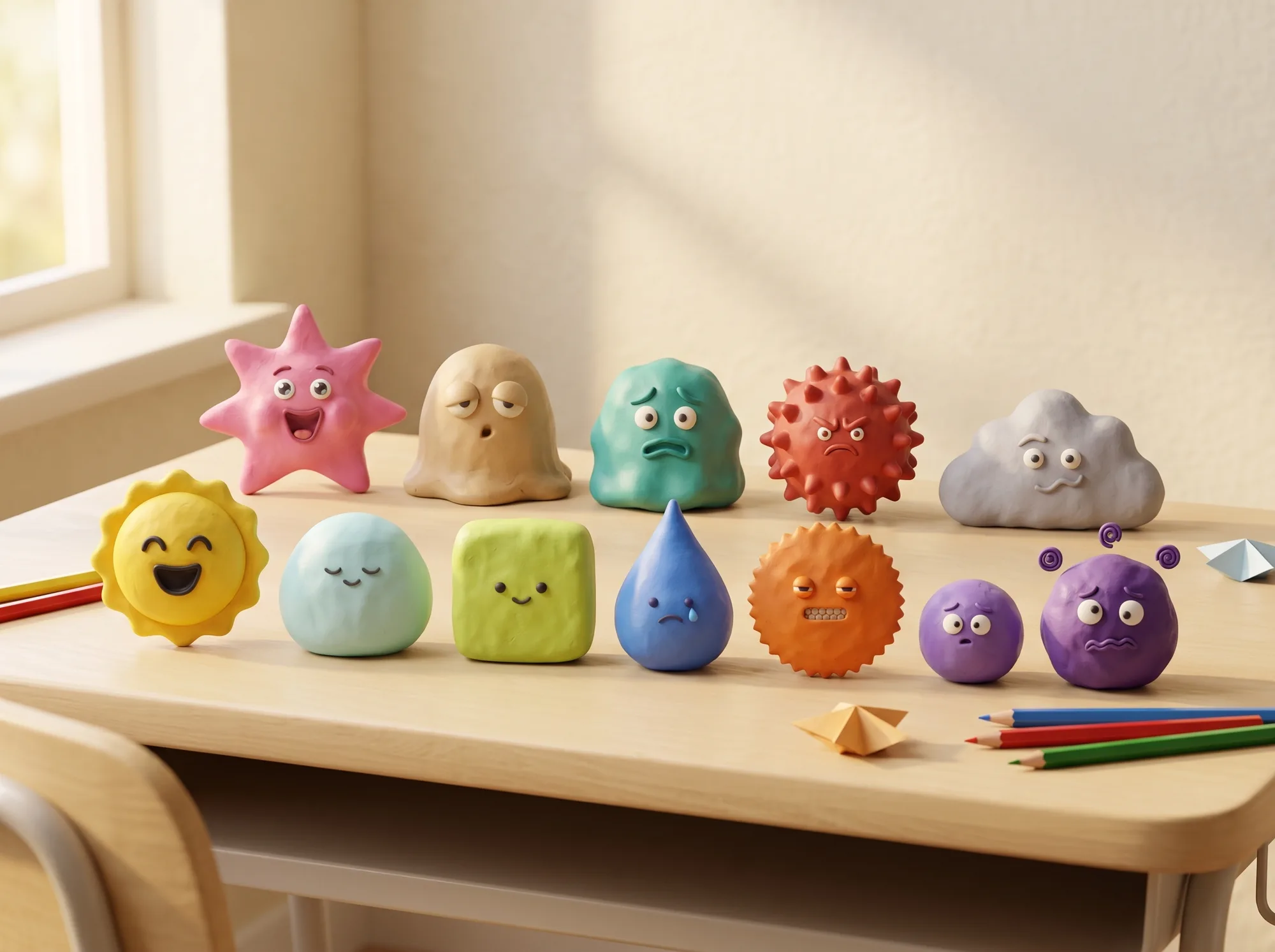 Twelve little clay characters, one for each feeling a child can choose: happy, excited, calm, okay, tired, worried, sad, frustrated, angry, scared, overwhelmed and not sure.